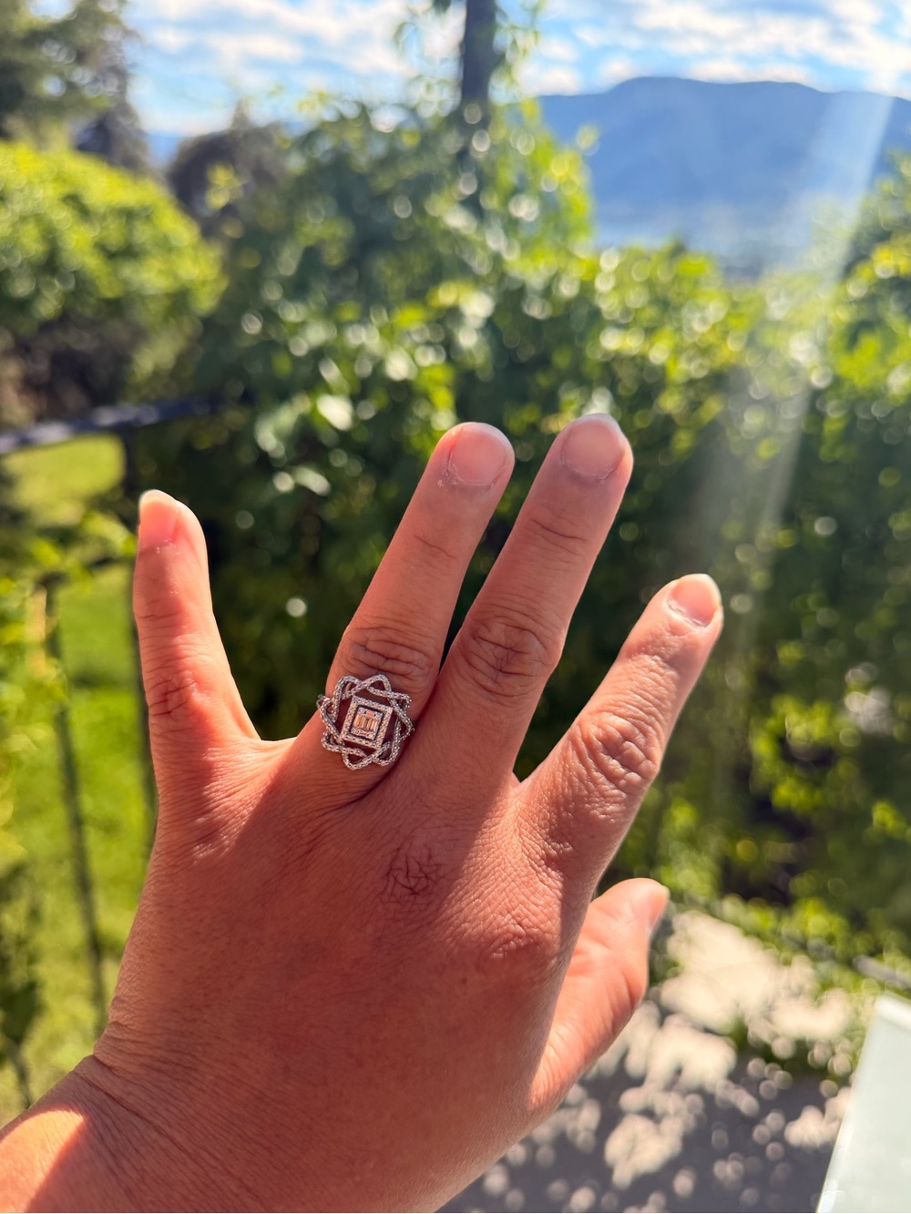 White Gold Floral Halo Ring with Clear Stones - White